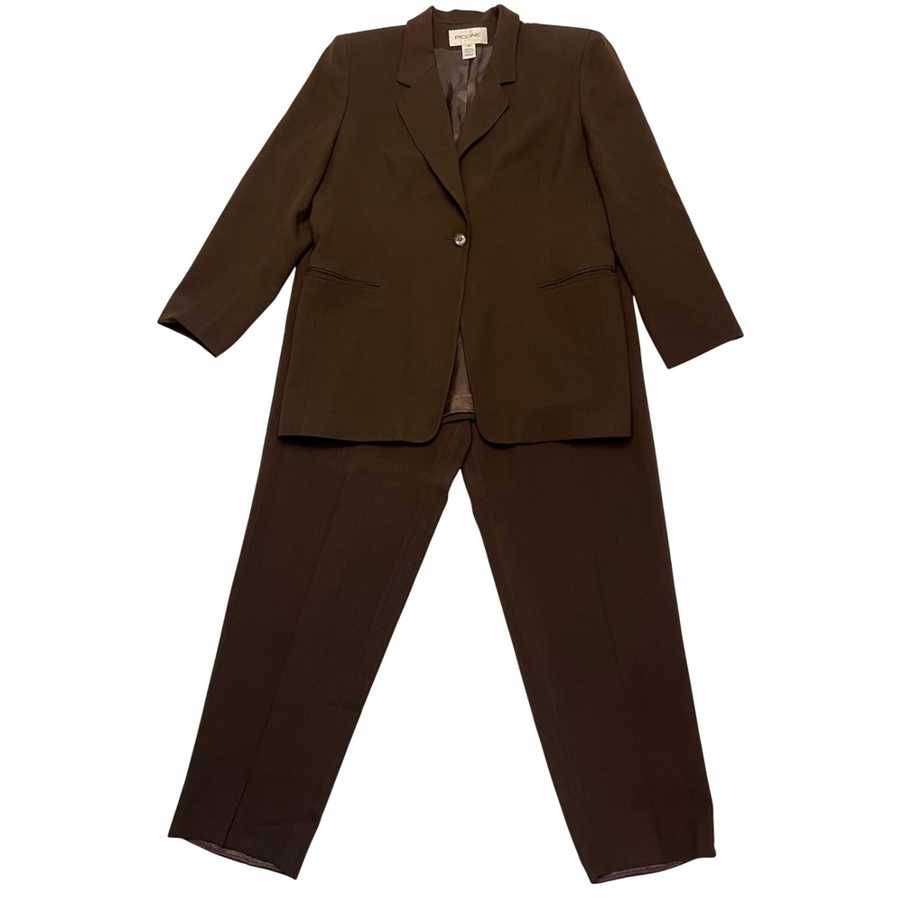 Picone Chocolate Brown 100% Worsted Wool 2 Piece Blazer Pant Suit Made in USA 16
